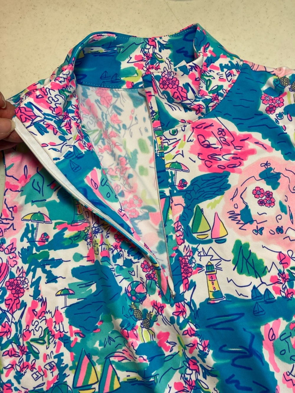 Lulu-B Sleeveless Island Print Top in Teal, Pink, Green, White - Picture 10 of 10